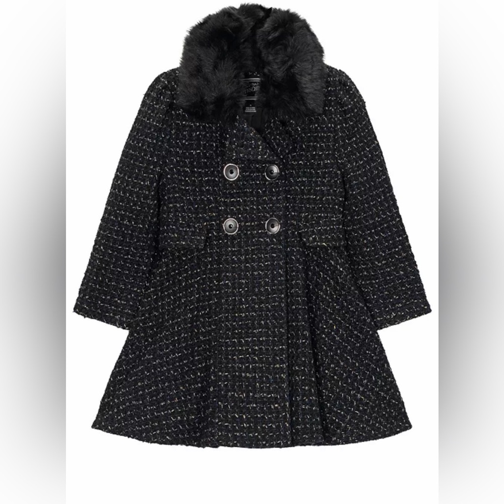 NWT Rothschild Black Tweed Kids Pea Coat with Faux Fur Collar - Girls XL 16